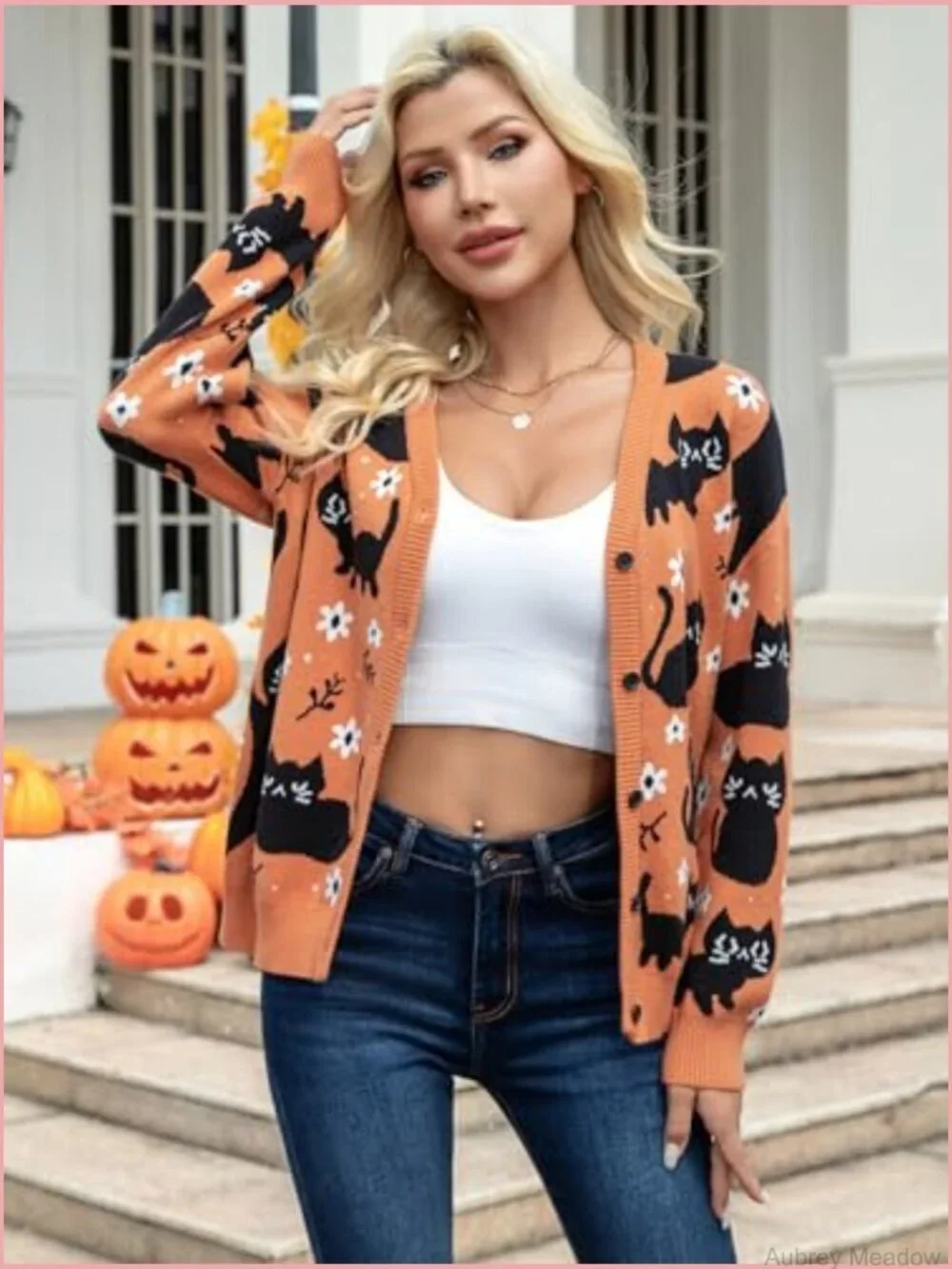 Knit Cat Cardigan Sweater Button Down V Neck Fall Winter Open Front